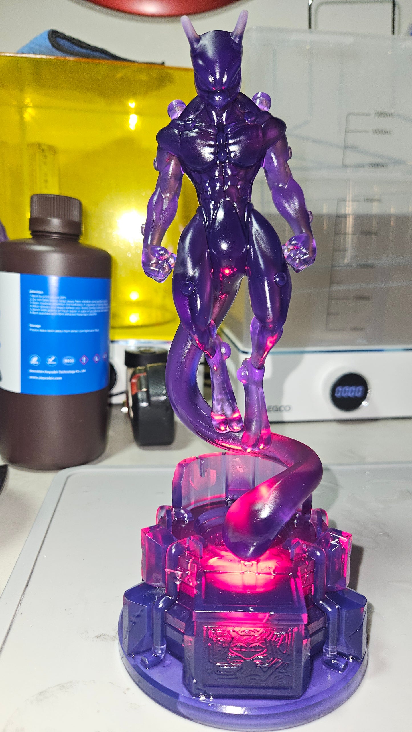 Mewtwo Figure with Base in Translucent Color or Gray Figure and Base with Rechargeable LED and a Thumb lights (Small and Medium Sizes)